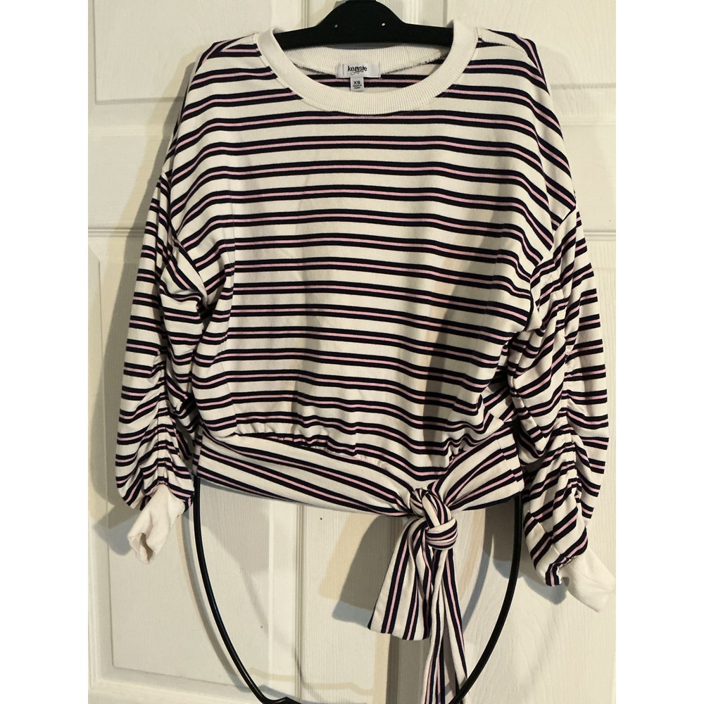 Kensie Jeans Striped Side Tie Ruched Sleeve Sweatshirt Navy Pink White XS